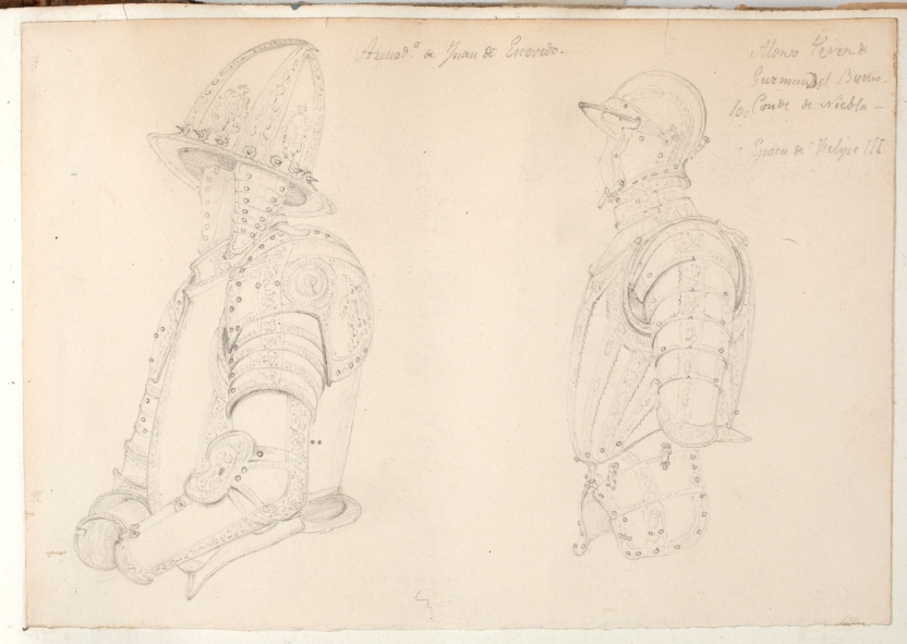 Dibujo: Armaduras de Juan de Escobedo y de Guzmán el Bueno. 1840 - 1873. Lápiz compuesto sobre papel avitelado, 110 x 159 mm. Cecilio Pizarro y Librado.